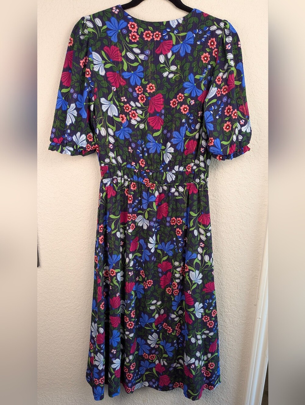 Draper James XS Midi Dress Navy Pink Floral Metallic Lined Like New Garden Chic - Picture 2 of 9